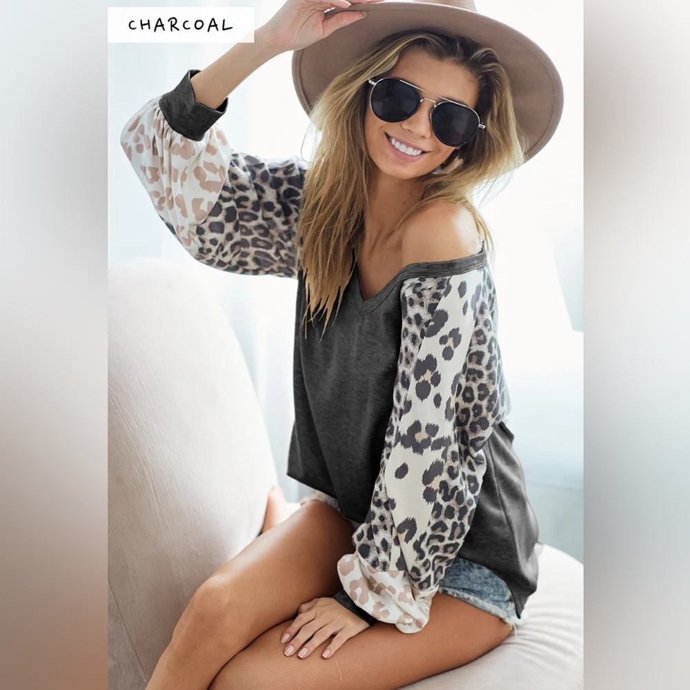 BiBi Charcoal Top with Leopard Print Sleeves